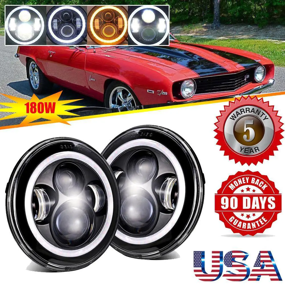 7” Round  LED Headlights Pair Projector Hi-Lo DRL H4 For Chevrolet Camaro