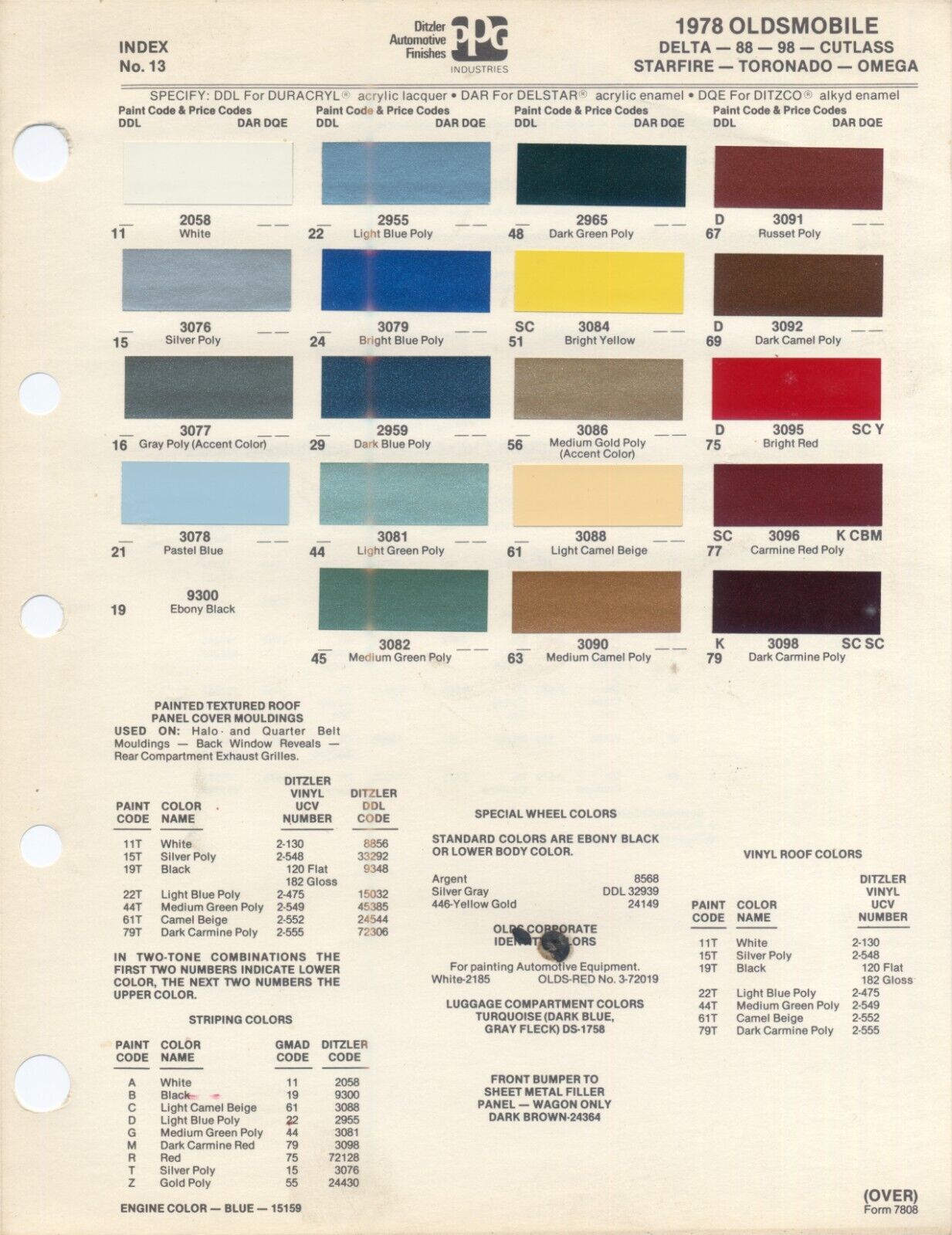 1978 Oldsmobile Cutlass Delta 88 Omega Starfire 98 Ditzler PPG paint color chips